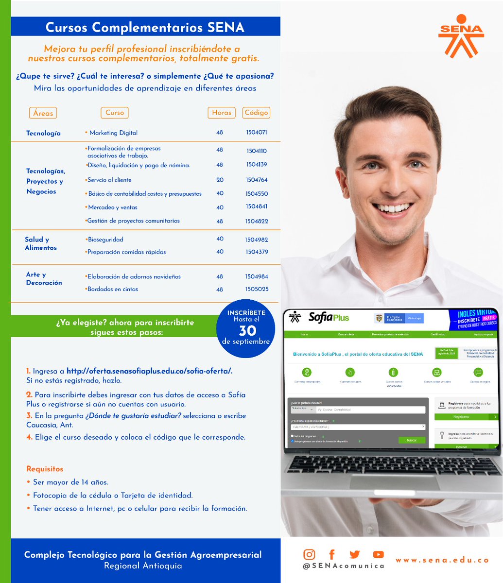RuthRamrezOspi1's tweet image. Aprovecha estos días para potenciar tus habilidades desde #Casa, Inscríbiendote, hasta el 30 de septiembre a nuestros cursos SENA, totalmente  gratis. ¡Mejora tu perfil profesional! a través de 👉 oferta.senasofiaplus.edu.co/sofia-oferta/. 
Instructivo de inscripción 👇drive.google.com/file/d/1ymy9nl…