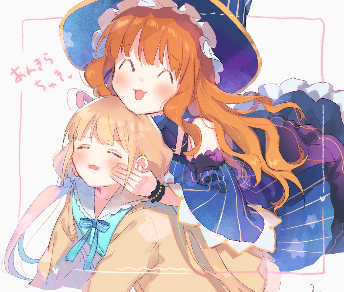 futaba anzu ,moroboshi kirari 2girls multiple girls closed eyes pinching cheek pinching hat long hair  illustration images