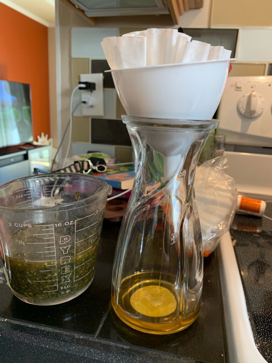 4: strain through coffee filter.5: double boiler reduce to half the amount of sugar desired. 6: 2:1 sugar to tincture ratio. 7: mix sugar and tincture preheat oven to 175.