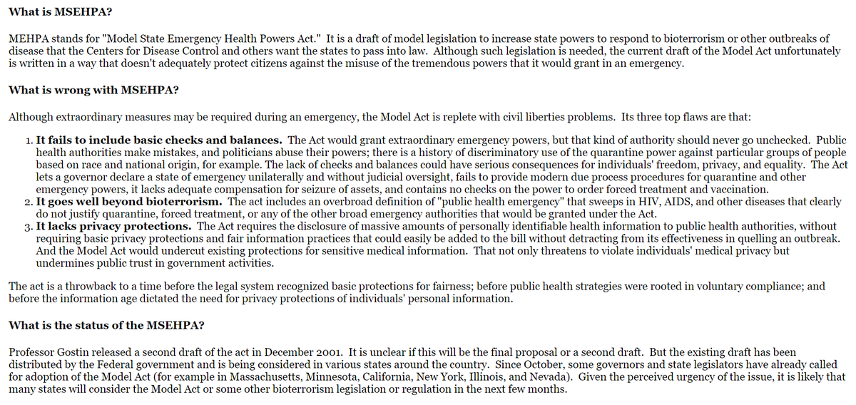 Nov. 27-29, 2001 Workshop:"Biological Threats and Terrorism: Assessing theScience and Response Capabilities: WorkshopSummary"-This started in motion MSEHPA, which would drastically alter state's power in health emergencies https://www.ncbi.nlm.nih.gov/books/NBK98408/pdf/Bookshelf_NBK98408.pdf