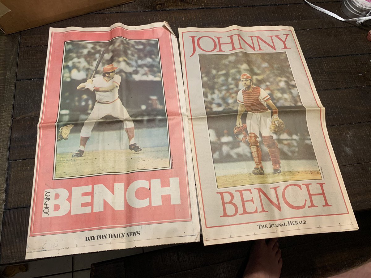 Alright. Back at it. And WOW, I think I might try and frame these. Two huge full-page newspaper prints of my all-time favorite baseball player, the legend  @JohnnyBench_5. Thanks for these, grandpa. Awesome.  #GrandpaTimeCapsule