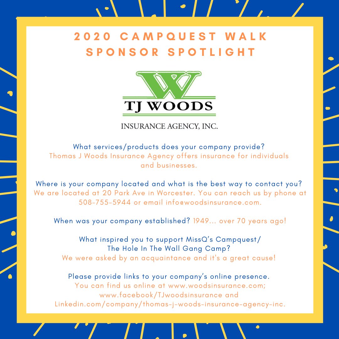 missqcampquest's tweet image. Thank you Thomas J Woods Insurance Agency Inc for your generous CAMPQUEST Walk sponsorship to benefiit The Hole in the Wall Gang Camp!!!

#holeinthewallgangcamp
#missqcampquest