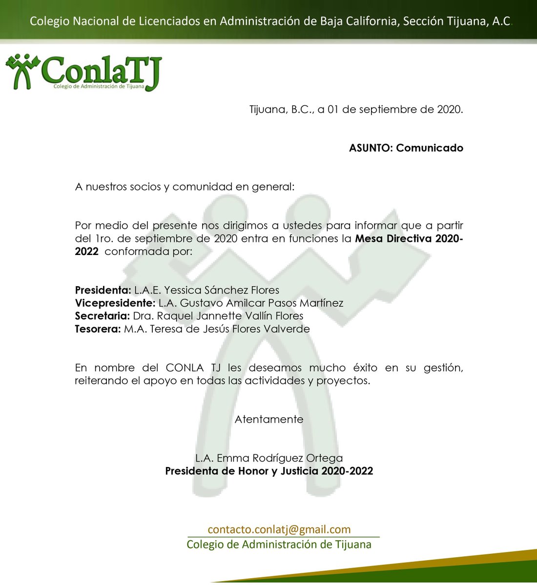Deseamos mucho éxito a la Mesa Directiva 2020-2022 quienes a partir de hoy 1ro. de septiembre inician actividades. 
¡Felicidades!