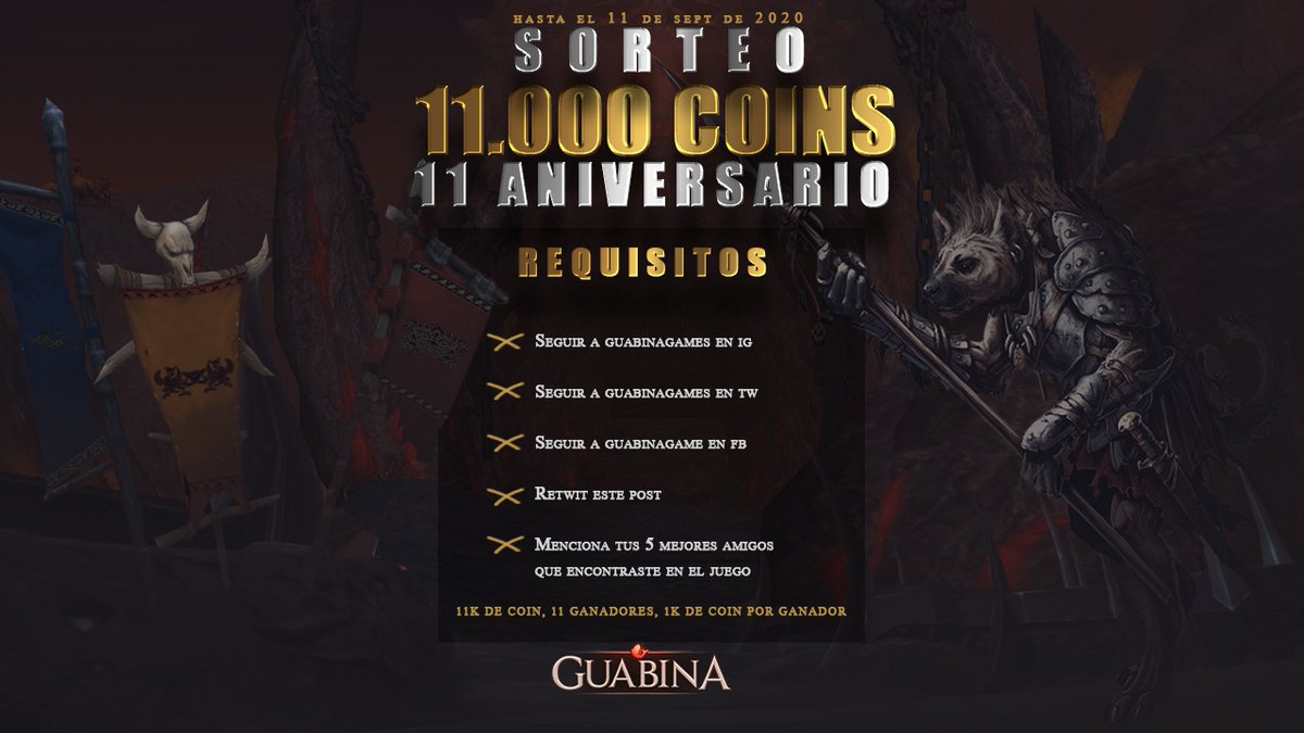 🎁NUEVO SORTEO ESPECIAL 11 ANIV 🎁

Sorteamos 11K DE COINS para 11 personas diferentes

⚠️ REQUISITOS ⚠️
- Seguirnos en facebook
- Seguirnos en twitter <a href="/GuabinaGames/">Guabina Games</a>
- Seguirnos en instagram <a href="/GuabinaGames/">Guabina Games</a>
- RT esta imagen
- Menciona 5amigos 

⏰ Finaliza el 11 de septiembre