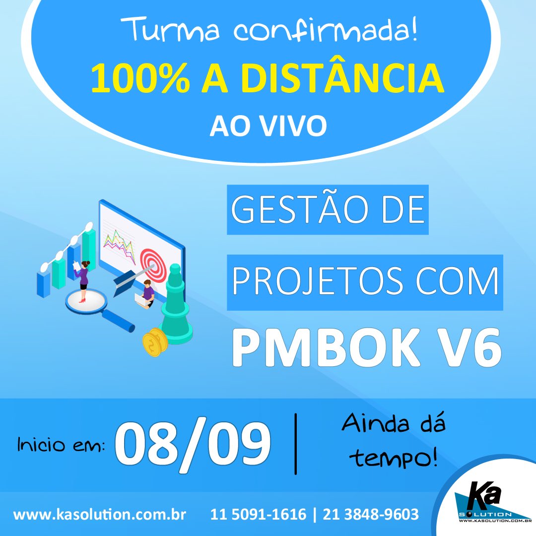 KaSolution's tweet photo. 📊 Turma de Gerenciamento de Projetos com PMBOK v6 iniciando dia 08/09 100% a distância!
💻 https://t.co/oyHf19ZTHE
📞 SP 11 5091-1616 / RJ 21 3848-9604
✉ cursos@kasolution.com.br
#kasolution #scrum #scrumpo #scrummaster #workshopgratuito #cobit2019 #pmbok #itil #itil4 https://t.co/H6tEVdzmHz
