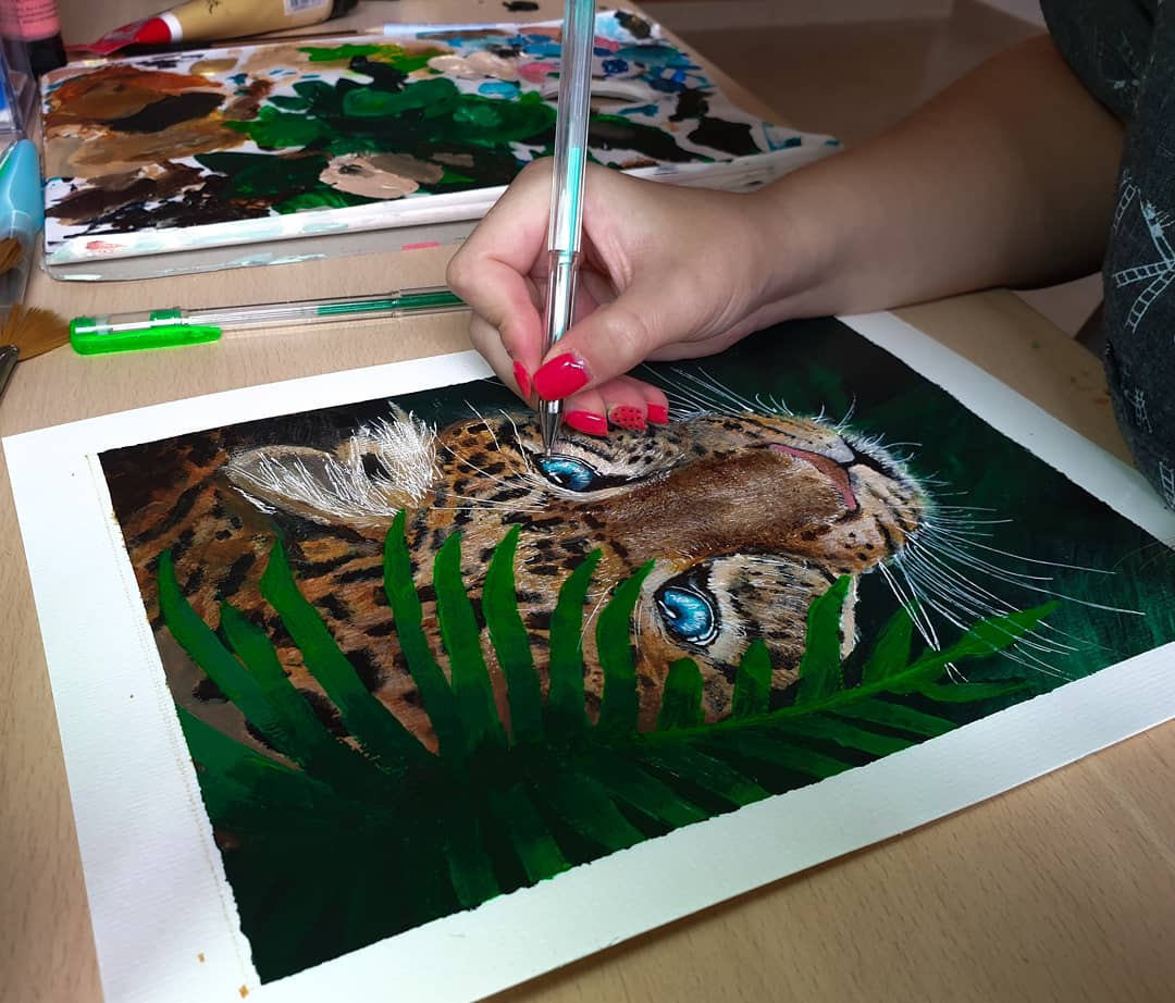 "No se trata de pintar la vida, se trata de hacer viva la pintura" 💚🐆
•
Acrilico y bolígrafo sobre papel de acuarella. 
•
Estoy muy contenta con el resultado. 🤗
•
•
#leopard #leopardo #pintura #acrilico #jungle #painting #draw #sketch #dibujo #arte