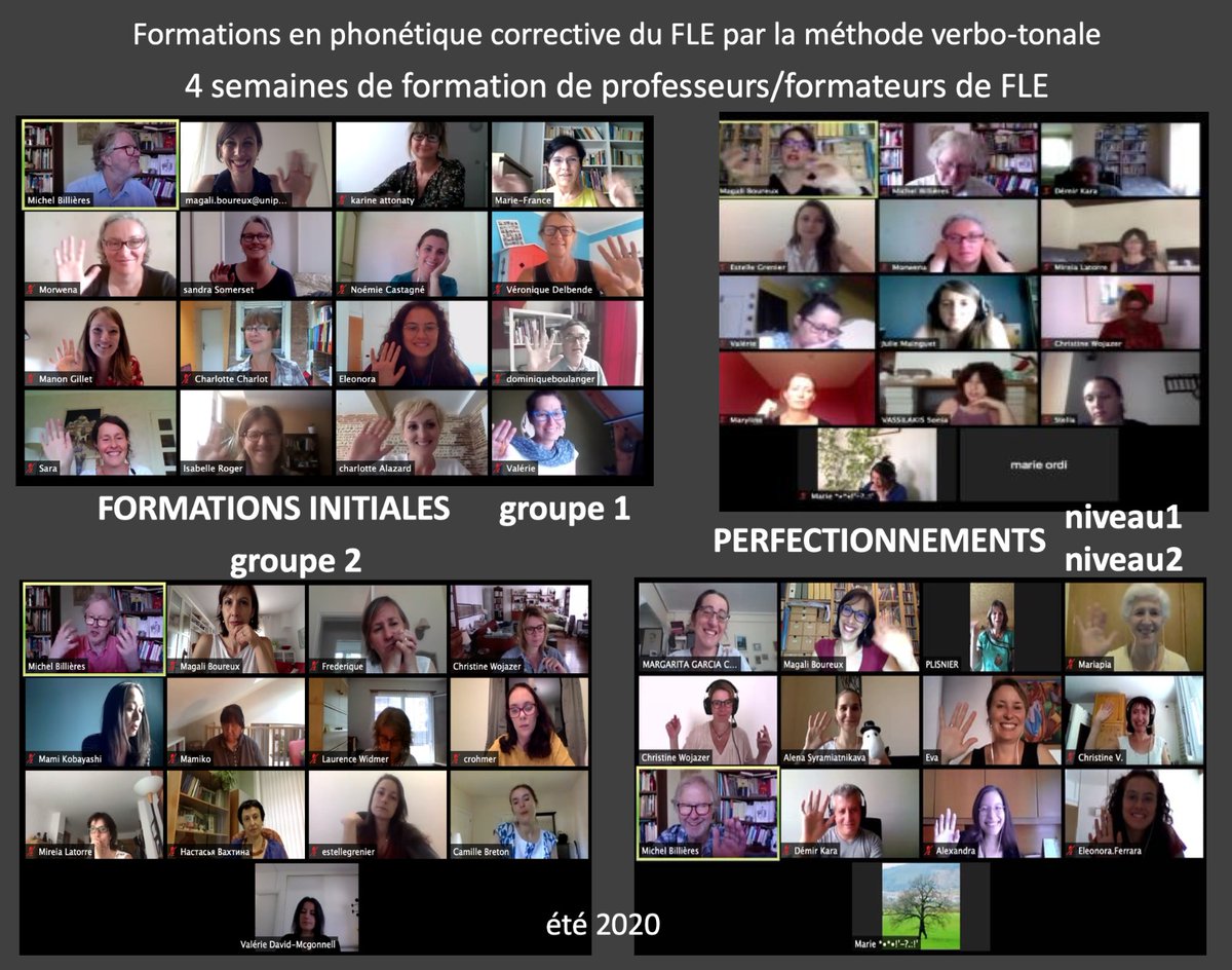 Bilan enthousiasmant de cet été riche de 4 semaines de:
- #formations de professeurs en phonétique corrective du #français #FLE par la méthode verbo-tonale;
- d'ateliers de prononciation du français!
Tout ceci par visioconférence! Super formateurs: <a href="/MagaliBoureux/">Magali Boureux</a> <a href="/MichelBillieres/">Michel Billières 🍓</a>