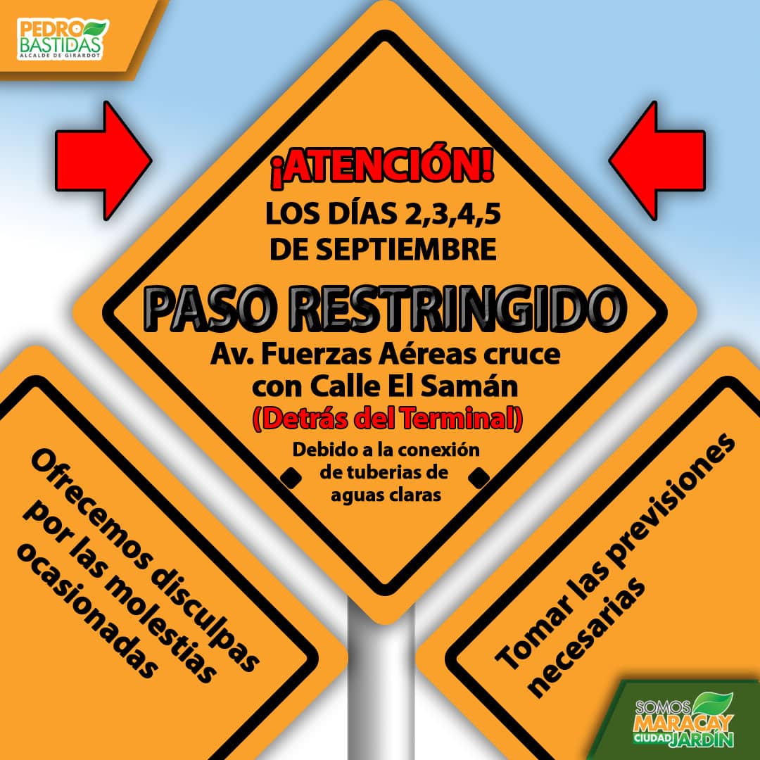 Atención vecinos de Maracay #Aragua a partir del día martes 2 de septiembre, se estarán realizando trabajos para conectar el sistema de aguas claras en la Av. Fuerzas Aéreas con calle El Samán.

Tomar vías alternas #CongresoDeLasComunas