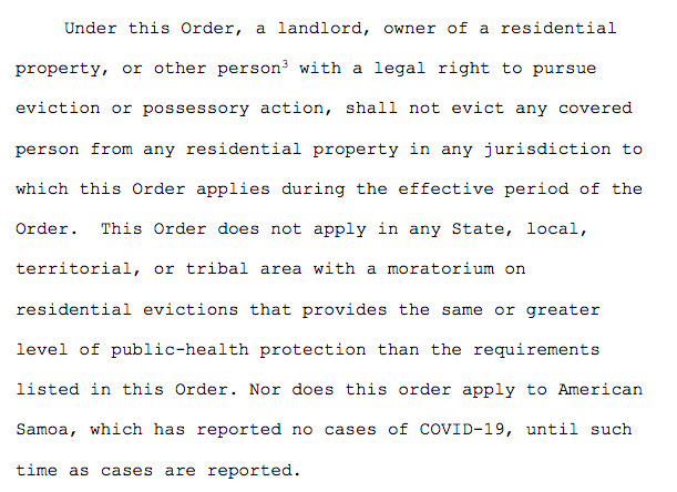 This order does not override any jurisdictions that have the same or greater protections for tenants.