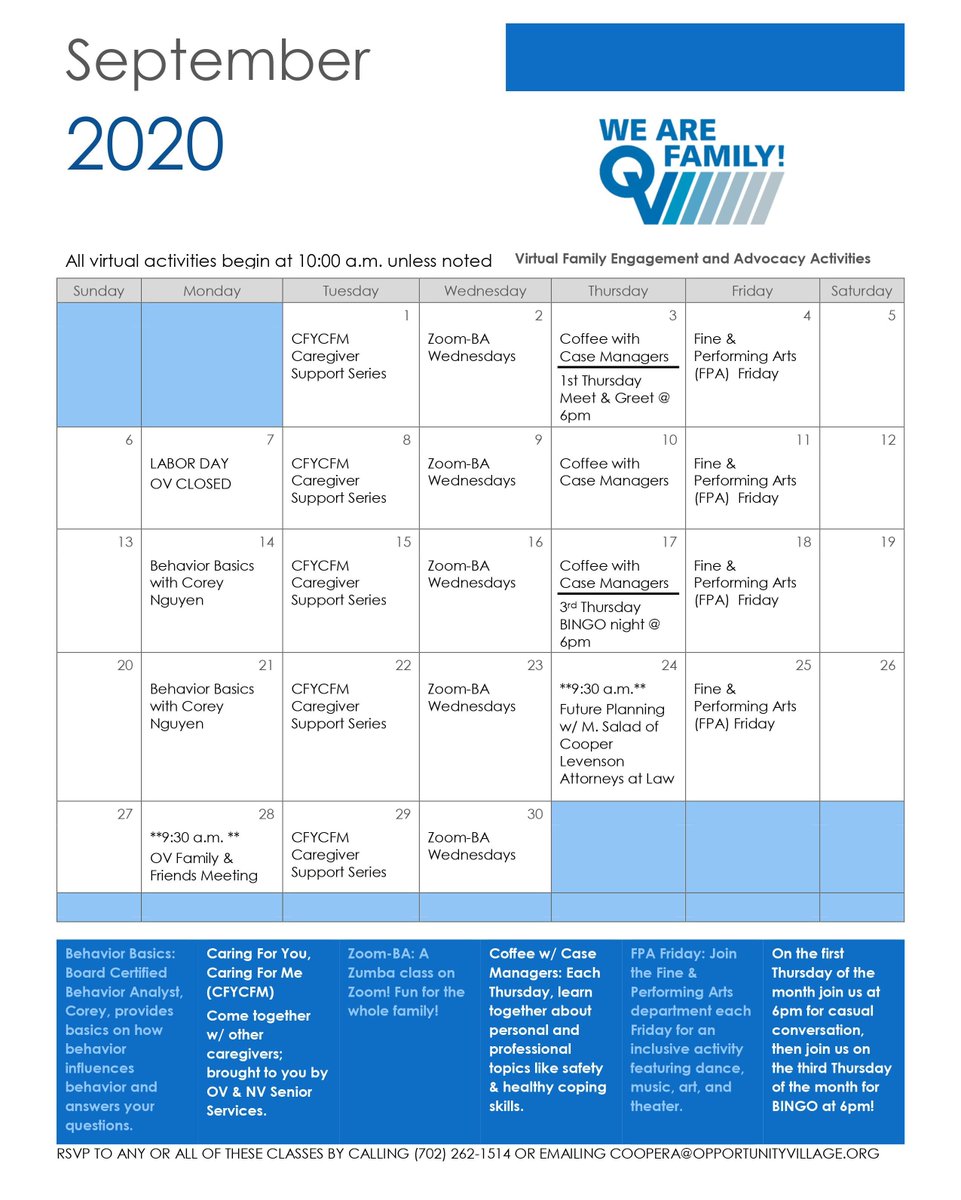 OppVillageLV's tweet photo. Interested in joining us for any virtual activities this month? π»π Check out the September calendar for all the dates and activities. To sign up, please email coopera@opportunityvillage.org.
#InsideWithOV #OVCares https://t.co/KCC82srMKd