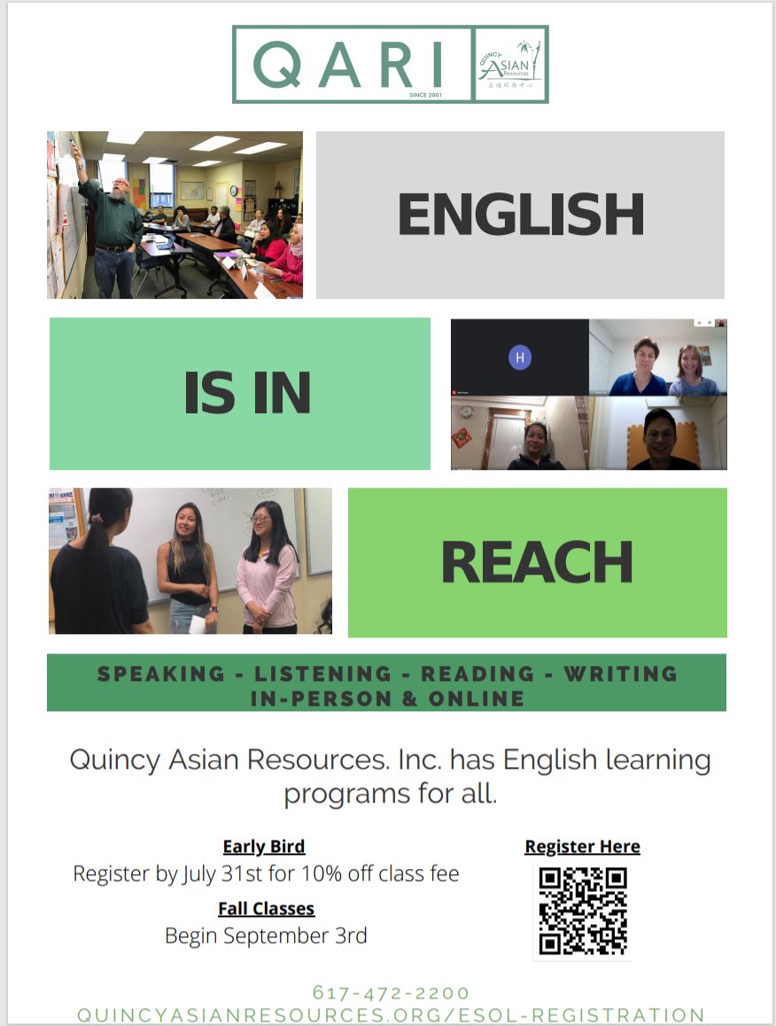 Classes start in 2 days!  Register NOW!  quincyasianresources.org/esol-registrat… #onlinelearning #esol #whatsyourgoal