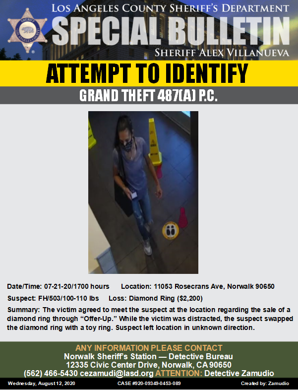 NorwalkLASD's tweet photo. Do you know who this #Distractiontheft suspect is? She met with the victim in #Norwalk to purchase a diamond ring, after contacting through #OfferUp. While the victim was distracted, the suspect swapped the diamond ring with a toy ring! Any info, contact Det. Zamudio #LASD https://t.co/pQdc4VwzMw
