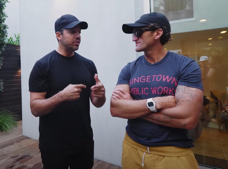 Our dear pal @caseyneistat rocking a Hingetown Public Works t-shirt talking w/ <a href="/davidblaine/">David Blaine</a> who will be flying over 3 miles high w/just balloons tomorrow morning at 9aET on YouTube. Limited edition Public Works shirts available at grahamandfisk.com/shop