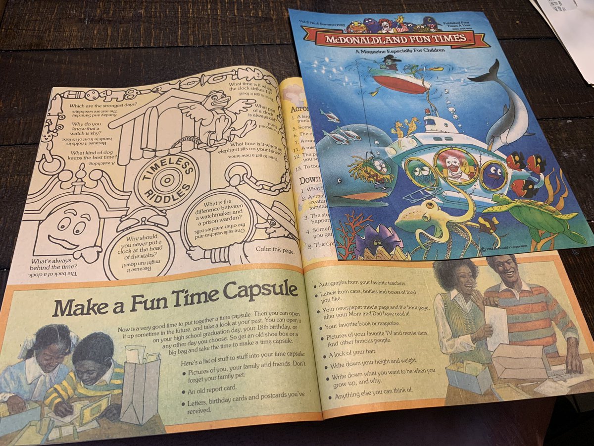 Two McDonald’s Fun Times magazines from 1982. They do not actually appear to be fun, but when I opened one it had a how-to for a time capsule. So that’s pretty weird.  #GrandpaTimeCapsule