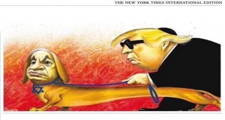 2. le Times renonce aux caricaturesLà, c'est tout con. Vous voyez ce dessin de Trump en aveugle guidé par le toutou Netanyahu? Il a causé un tollé. Ce dessin a été considéré comme antisémite.