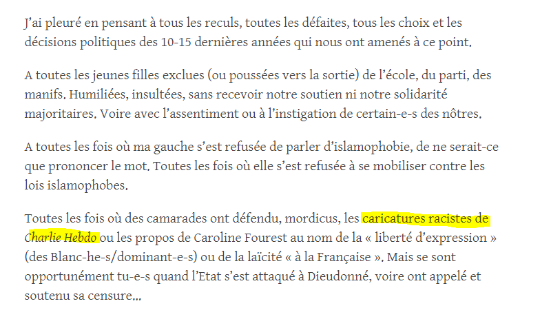 Voici ce qu'écrit Obono sur son blog 4 jours après les attentats.Notons qu'elle cite ailleurs Obama au titre de ses "victoires", et tant pis si celui-ci a été parmi les présidents US les plus zélés en ce qu'il s'agit de bombarder le Moyen-Orient que Obono dit tant chérir.