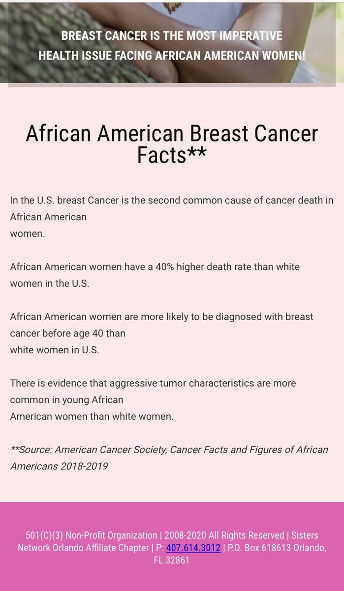 24/ ...especially breast cancer awareness among African American women, for whom it is especially devastating. Here are some of the statistics. Check the link, too. Gigi met this wonderful group when they visited her in the hospital while undergoing chemo.  https://www.sistersnetworkorlando.net 