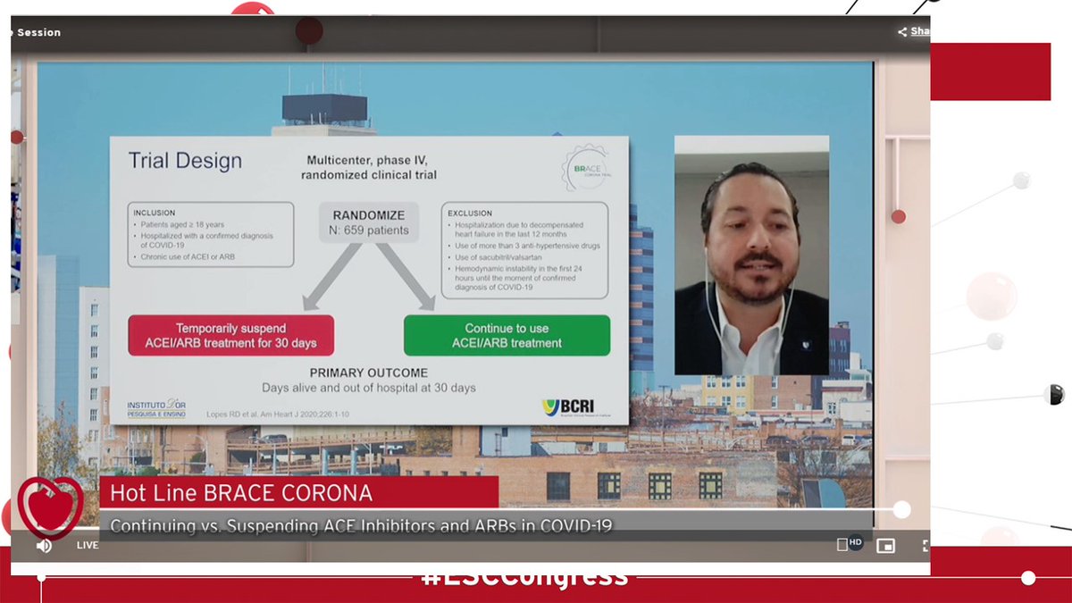 No 2.  #Covid & RAAS inihition- The BRACE Corona  #ESCCongress From Brazil! RCT Stop ACEi/ARB or not in covid, showed the safety of ACEi/ARB. In fact there was even possibly a suggestion that continuing is better. But bottom line SAFETY is safeguarded.  @JoaoLCavalcante  @pabeda1