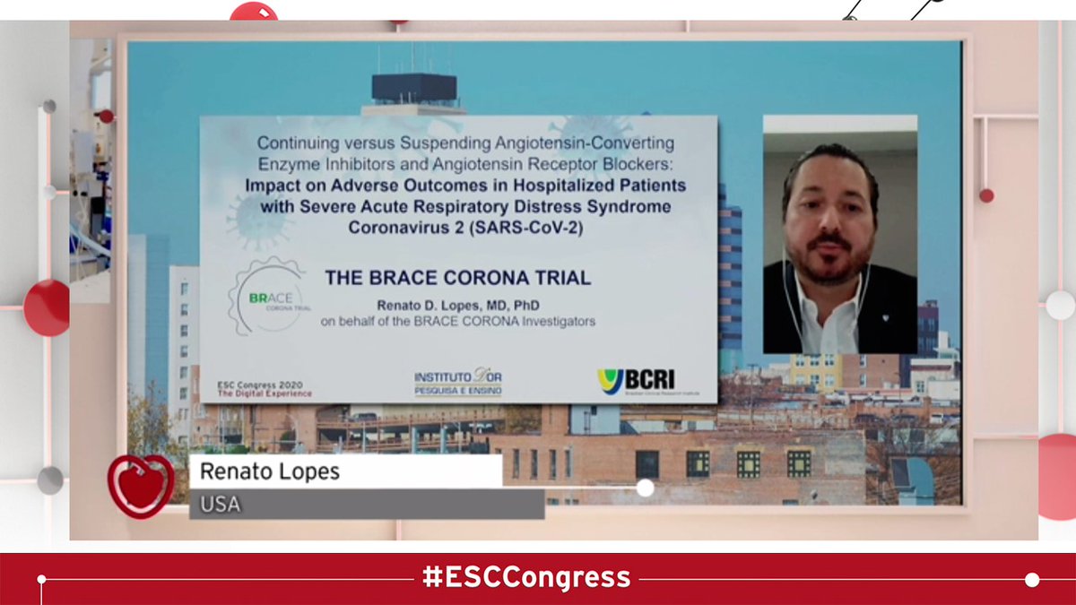 No 2.  #Covid & RAAS inihition- The BRACE Corona  #ESCCongress From Brazil! RCT Stop ACEi/ARB or not in covid, showed the safety of ACEi/ARB. In fact there was even possibly a suggestion that continuing is better. But bottom line SAFETY is safeguarded.  @JoaoLCavalcante  @pabeda1