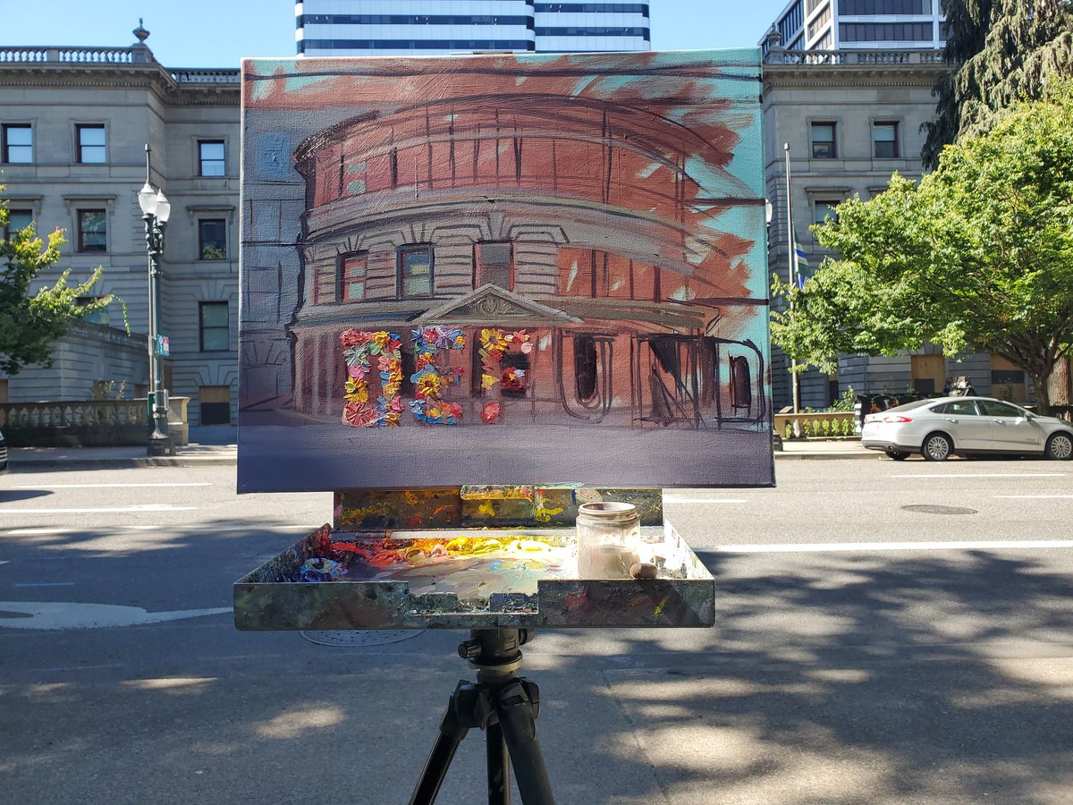 Brought this piece back out to City Hall and painted for about an hour today. I knew that the gorilla art installation had been taking down/destroyed, luckily I got to paint those vibrant colors from life last week. #PDXprotests #PortlandProtests #defundpolice #pleinair #oilpaint