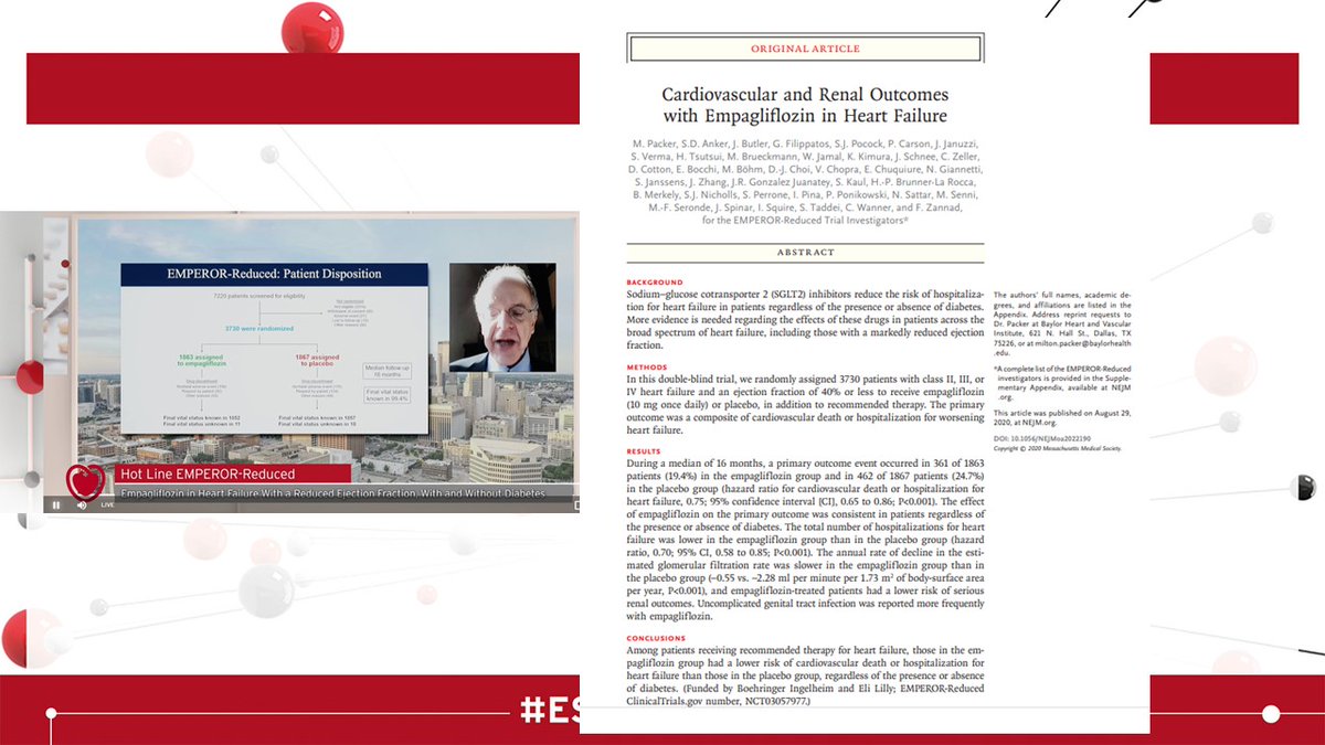 No 3. EMPEROR-Reduced  #ESCCongress Apart from that the Emperor in this study was far from reduced! Empagliflozin in heart failure showed improved CVS death or hospitalisation. A much needed study brining great news! Monetary cost to be considered though!  #epeeps  @ShrillaB