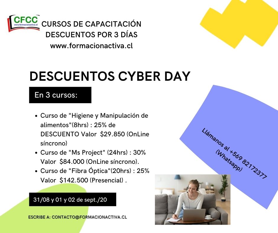 formacion_activ's tweet photo. Sí, estamos en éste CyBeRDaY...hasta mañana tenemos el DESCUENTO en algunos #cursos para todo el país. #Infórmate #pregunta #biobio #concepción #comida #delivery #fibraóptica #project #datos #capacitación https://t.co/jmETuJ0pps