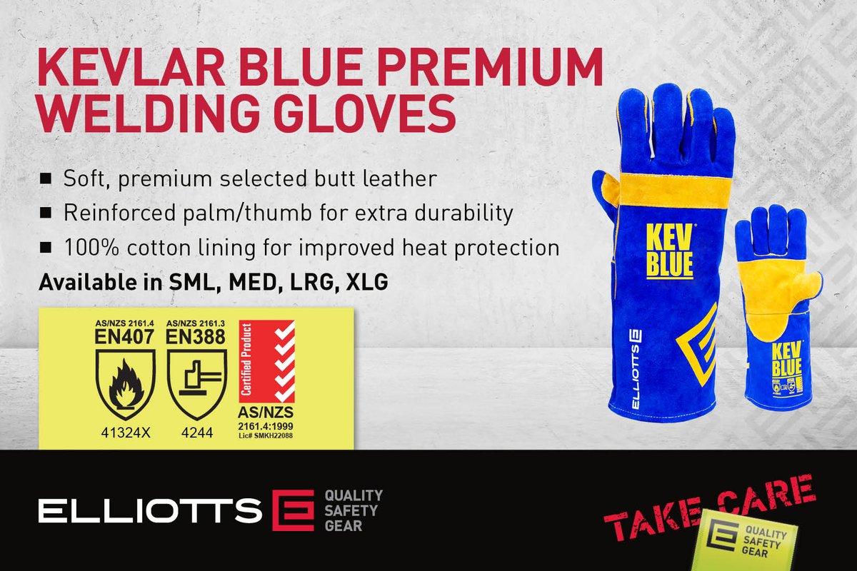 ElliottsSafety's tweet photo. Elliotts’ Kevlar Blue Welding Gloves set the standard for protection for boiler making and heavy-duty welding. The Kevlar Blue glove is designed for extra durability with additional leather reinforcing covering the palm and thumb area. 
https://t.co/72mj7t0TJC https://t.co/pno5Fyr3OP
