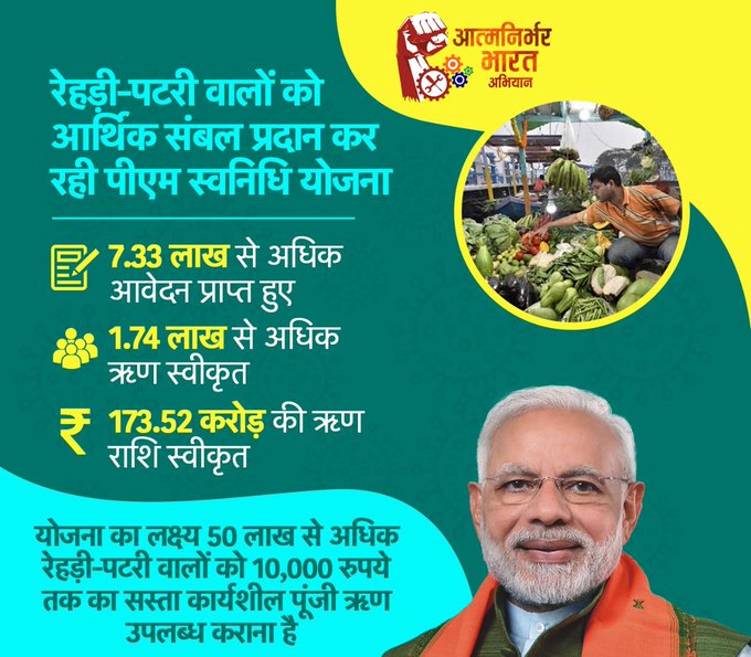 dmjagdeep's tweet image. कोरोना संकट से प्रभावित रेहड़ी-पटरी वालों को आर्थिक संबल प्रदान कर रही पीएम स्वनिधि योजना।
इसके अंतर्गत 50 लाख से अधिक रेहड़ी-पटरी वालों को 10,000 रुपये तक का ऋण उपलब्ध कराया जाएगा।

योजना का लाभ के लिए जिले मे उप्लब्ध #CSC सेन्टर पर जाऐं। 

#cscrewari #cscrewarirocks