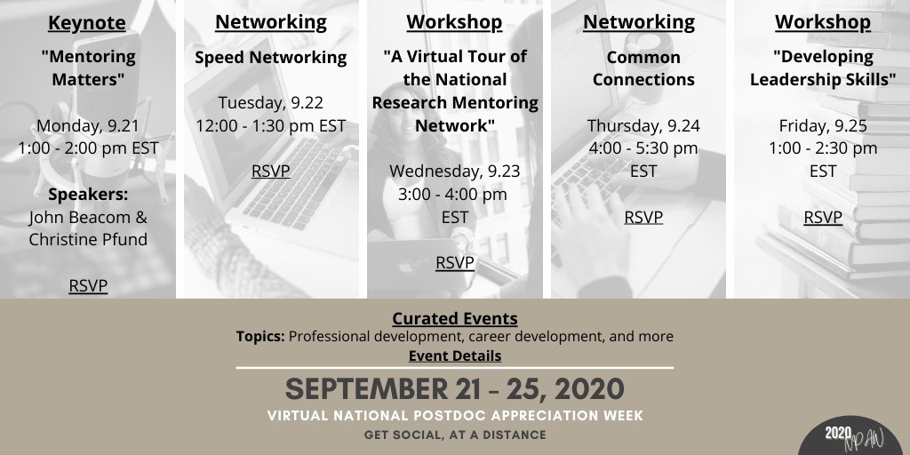 nationalpostdoc's tweet image. Join us for the first virtual NPAW celebration, a multi-institutional collaboration!
Events include a keynote with speakers, John Beacom, Ph.D., and Christine Pfund, Ph.D.; workshops hosted by @NRMNET and @postdocacademy; and, other events ow.ly/NmEh50Bf4Jp #NPAW2020