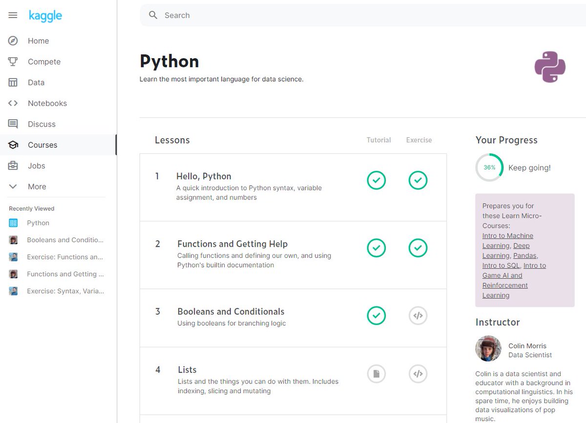Chris_Yim_DS's tweet photo. Following @KenJee_DS doing #66daysofdata. Trying out the kaggle python micro-courses to re-establish some good data habits! Machines shouldn't be the only thing learning around here. https://t.co/M6RQXjyFXW