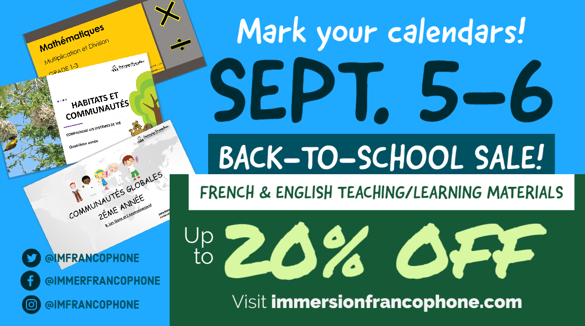 Save the Date - French &amp; English Materials Up to 20% Off on Sept. 5-6! 
immersionfrancophone.com
#sale #BackToSchool #immersionfrancaise #French #teacher
