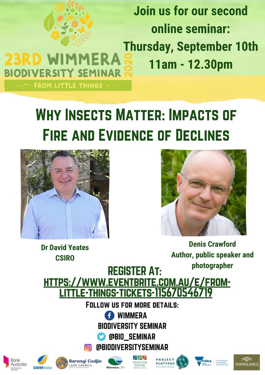 The 2nd webinar on Thursday 10th September, will have us talking about the not so creepy, crawlies and why they matter with these awesome experts:
* Dr David Yeates - CSIRO 
* Denis Crawford - insect legend

Register now: eventbrite.com.au/e/from-little-…