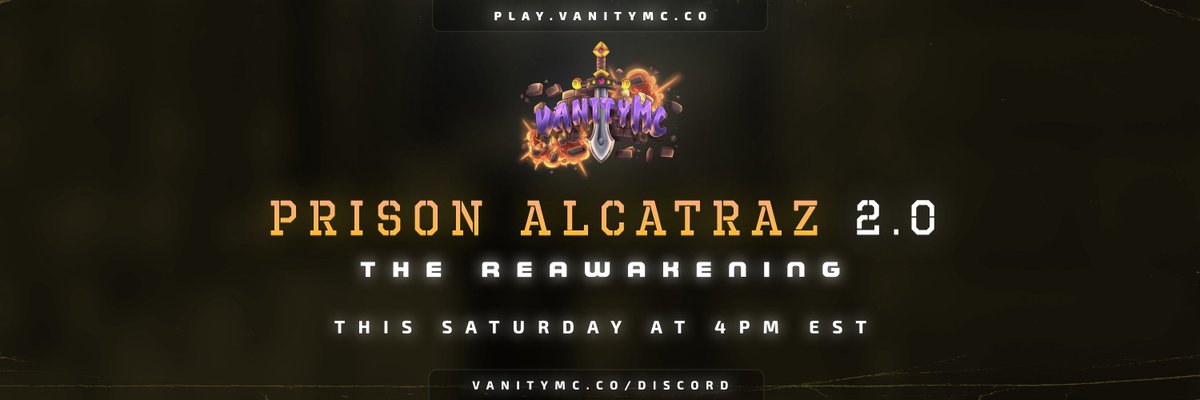 VanityMC's tweet image. PRISON ALCATRAZ 2.0 - THE REAWAKENING - THIS SATURDAY @ 4 PM EST! 🏢

NOTE: ANYONE WITH A RANK ON GENESIS, GALACTIC MYTHIC, &amp;amp; OR OG ALCATRAZ WILL HAVE THE TOP EQUIVALENT RANK ON HERE! 👮‍♂️

GIVEAWAY:
- x5 VANITY RANKS
- x5 PRIVATE MINES
- x5 MONTHLY CRATES

RETWEET + 💛 + FOLLOW!