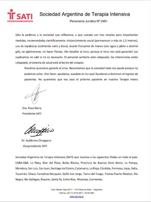 La desesperación de la Sociedad Argentina de Terapia Intensiva, en una carta.