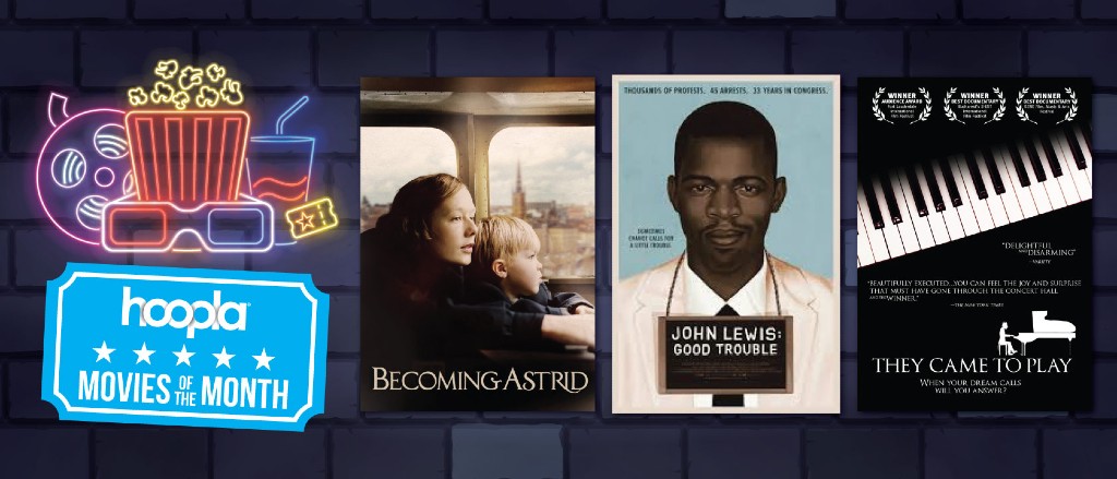 three movie posters side by side next to a graphic of a neon sign featuring popcorn, a drink with a straw and a movie reel