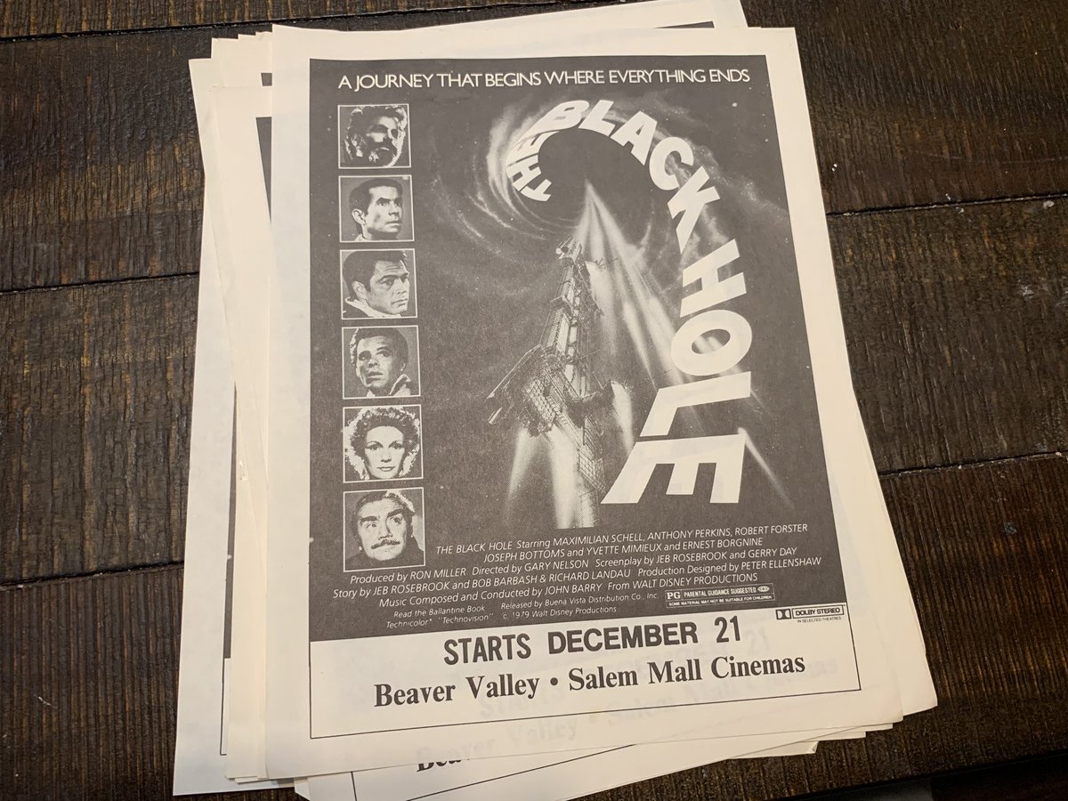 Not one, not two, but NINE one-sheets for Disney’s THE BLACK HOLE (1979). Why? I have absolutely no idea. Neither the Beaver Valley (yes, that’s right) or Salem Mall theaters still exist.  #GrandpaTimeCapsule