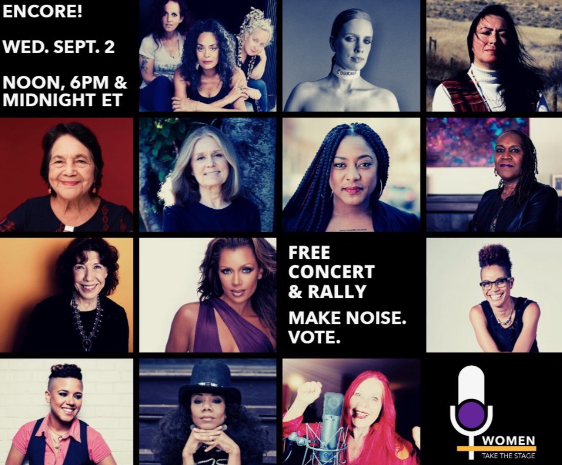 Tune in TOMORROW at noon, 6pm, or midnight (ET) for encore showings of WOMEN TAKE THE STAGE: the FREE virtual concert &amp; rally to increase voting by and for women! 

Register for your FREE ticket at womentakethestage.org! #wttsrally