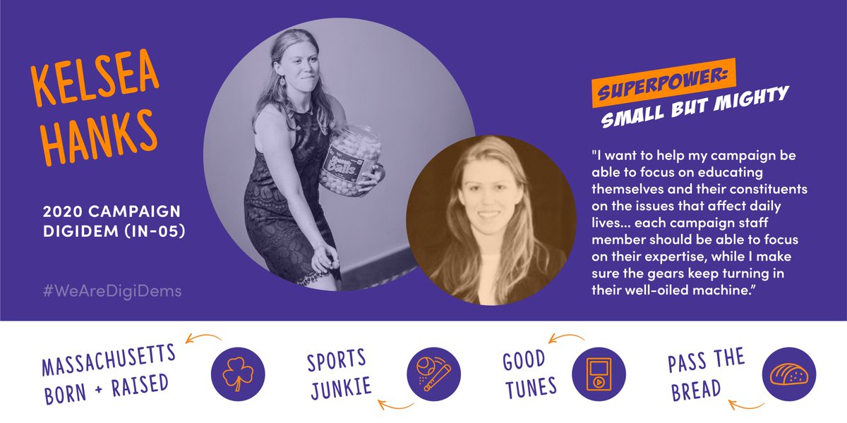 This week we're highlighting <a href="/KelseaHanks/">Kelsea</a> who is tirelessly working to elect <a href="/HaleIndy/">Christina Hale</a> to Congress. A Massachusetts native, Kelsea is a sports junkie and comes to us from the business world. #HaleYes, we are excited to have Kelsea as part of our team! #WeAreDigiDems