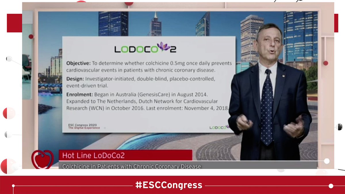 No 7  #ESCCongress The LODOCO2 studyApart from a COOL name...This study showed 0.5mg Colchicine- a cheap, repurposed drug improves survival in chronic coronary disease. Reduced outcomes HR 0.69; 95% confidence interval [CI] 0.57–0.83; p<0.001NO LONGER JUST A GOUT TREATMENT