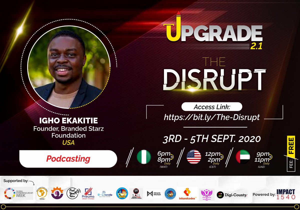 ighoekakitie's tweet photo. Join me this Friday September 4th from 12pm via Zoom for a special event tagged “The Disrupt” organized by  IMPACT1540 (Leadership and Influence) 

Topic 👉🏽 *Dynamics of Podcasting*

#igowithIGHO #TheDisrupt https://t.co/HWOzMXjtsh