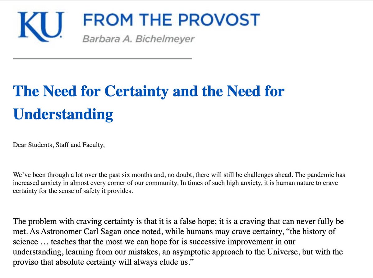 The Provost's Message to the University of Kansas re: COVID bringing students back to campus for in-person instruction is just jaw-dropping. These documents need to be collected & preserved.