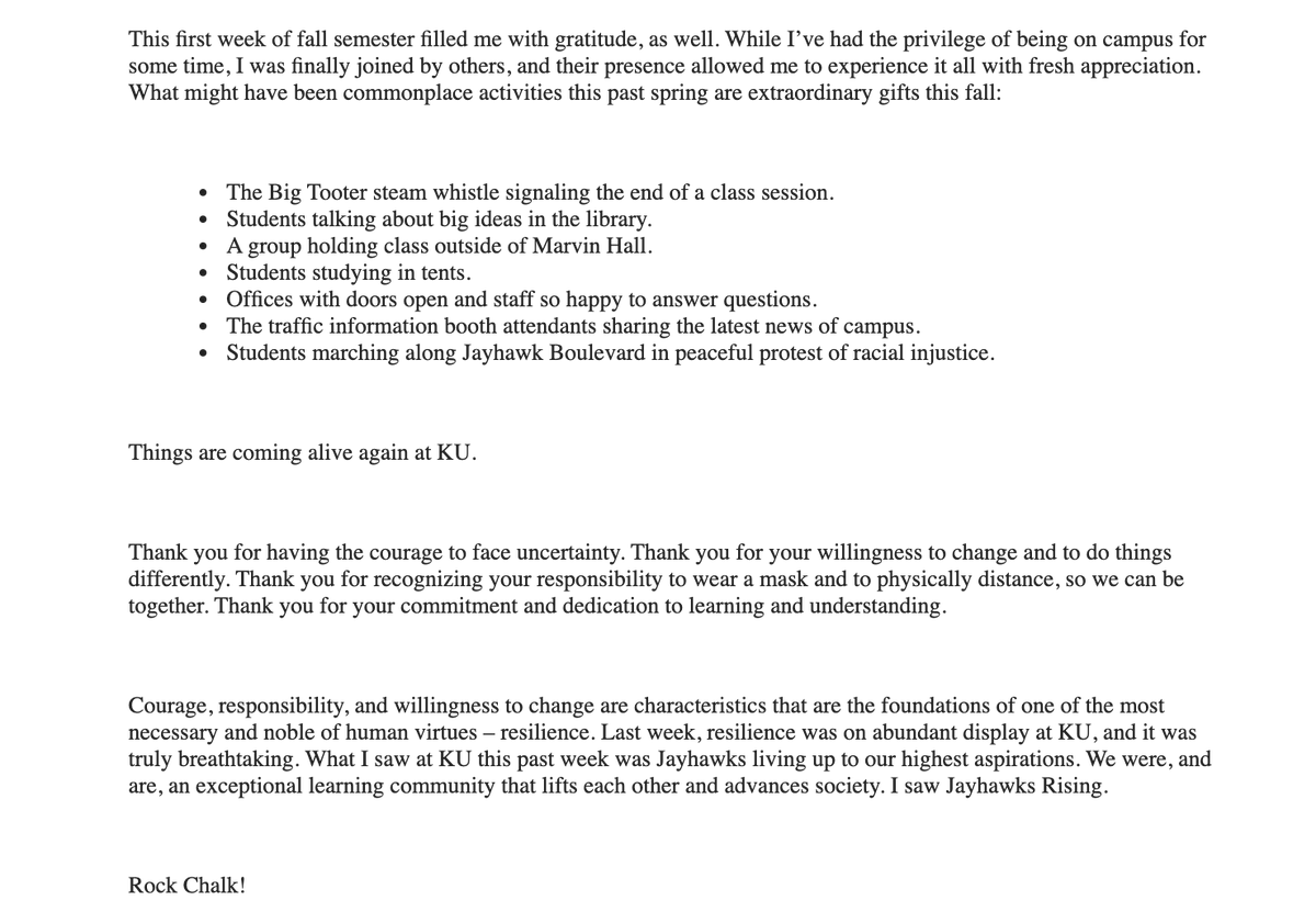 The Provost's Message to the University of Kansas re: COVID bringing students back to campus for in-person instruction is just jaw-dropping. These documents need to be collected & preserved.