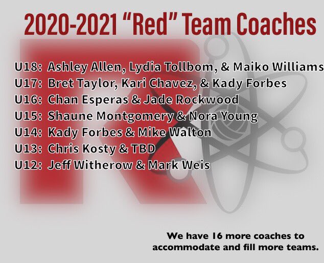 2020-2021 Coaches
With upcoming tryouts starting on the 12th, we are announcing our first list of coaches.  Tryout times coming next.  We have 16 more coaches to fill more teams as needed.  Registration will open at 6am Friday morning.  Stay tuned for more info.
