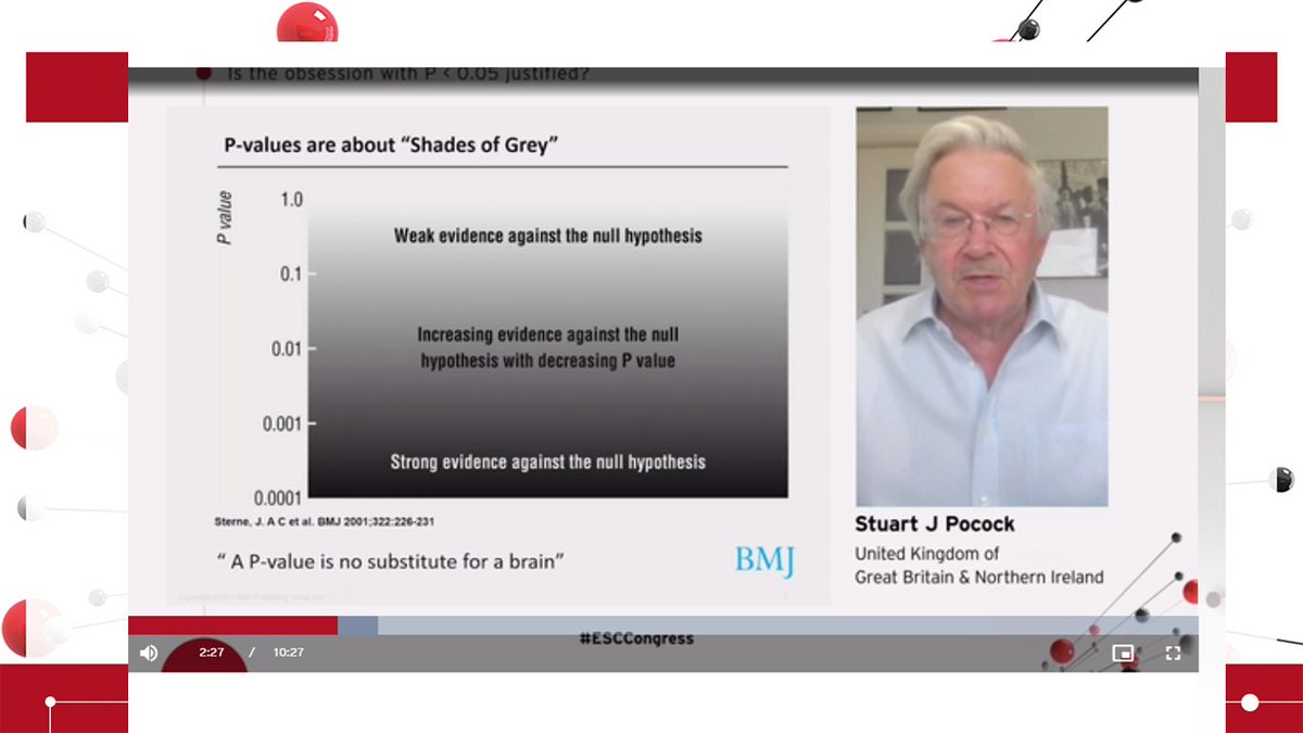 And the last one! No 10  #ESCCongress Looking my tweets, I felt this one deserves a TOP 10!  Let's Kill the p value!! by Prof Pocock.. his argument: it is not just a p value, it is the type of study, the clinical impact, a 0.06 in correct setting might be > powerful than a 0.04