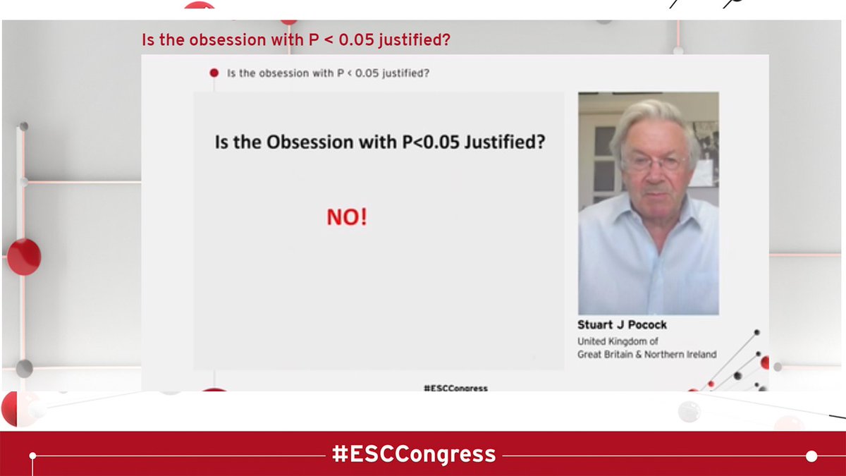 And the last one! No 10  #ESCCongress Looking my tweets, I felt this one deserves a TOP 10!  Let's Kill the p value!! by Prof Pocock.. his argument: it is not just a p value, it is the type of study, the clinical impact, a 0.06 in correct setting might be > powerful than a 0.04