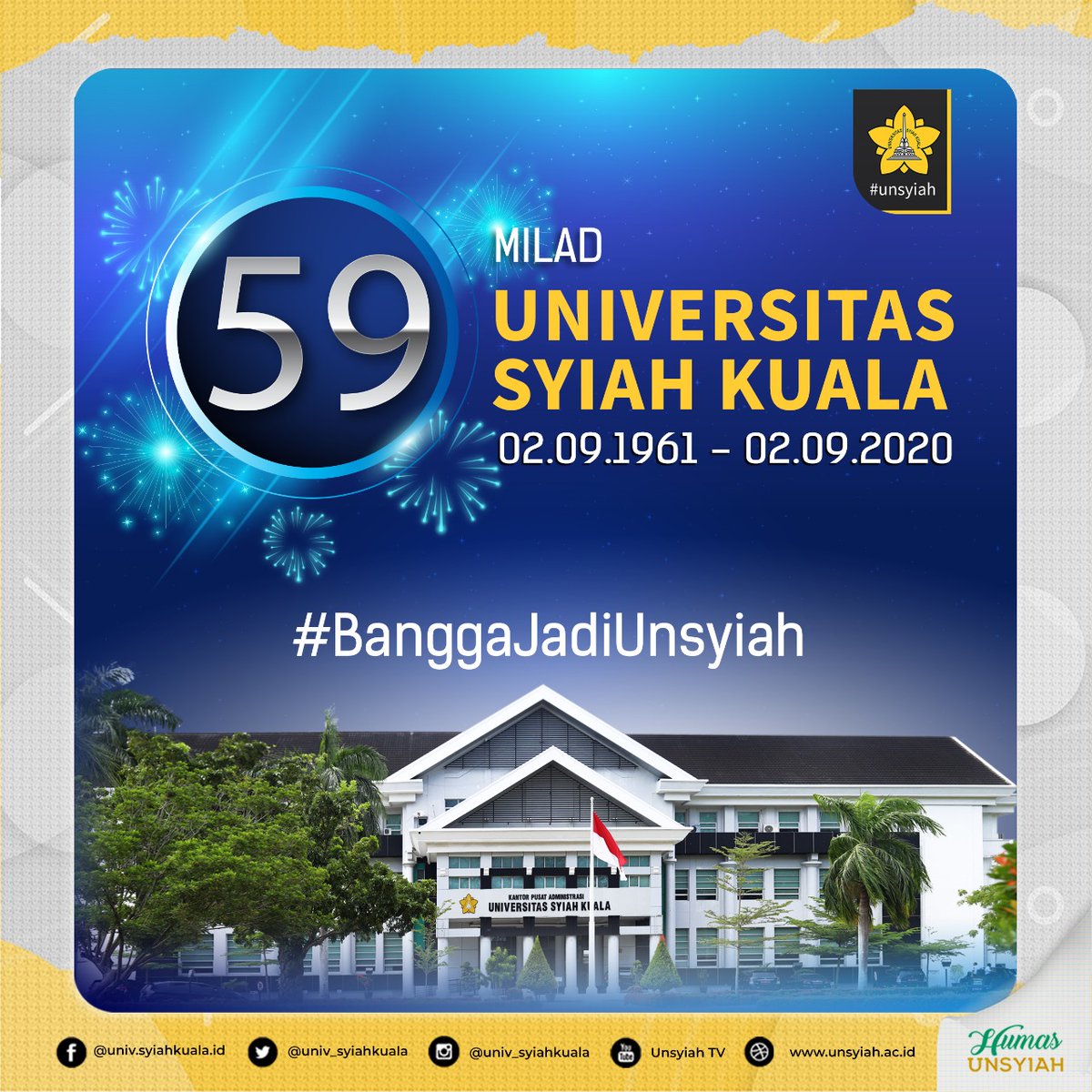 #InfoUnsyiah
Hari ini, usia Universitas Syiah Kuala genap 59 Tahun. Kita terus bersyukur atas pencapaian yang sudah di peroleh selama ini. Namun, kita juga terus berusaha jadi yang lebih baik ke depannya. Semua karena kita bersama, karena kita #BanggaJadiUnsyiah 
#Unsyiah59Tahun