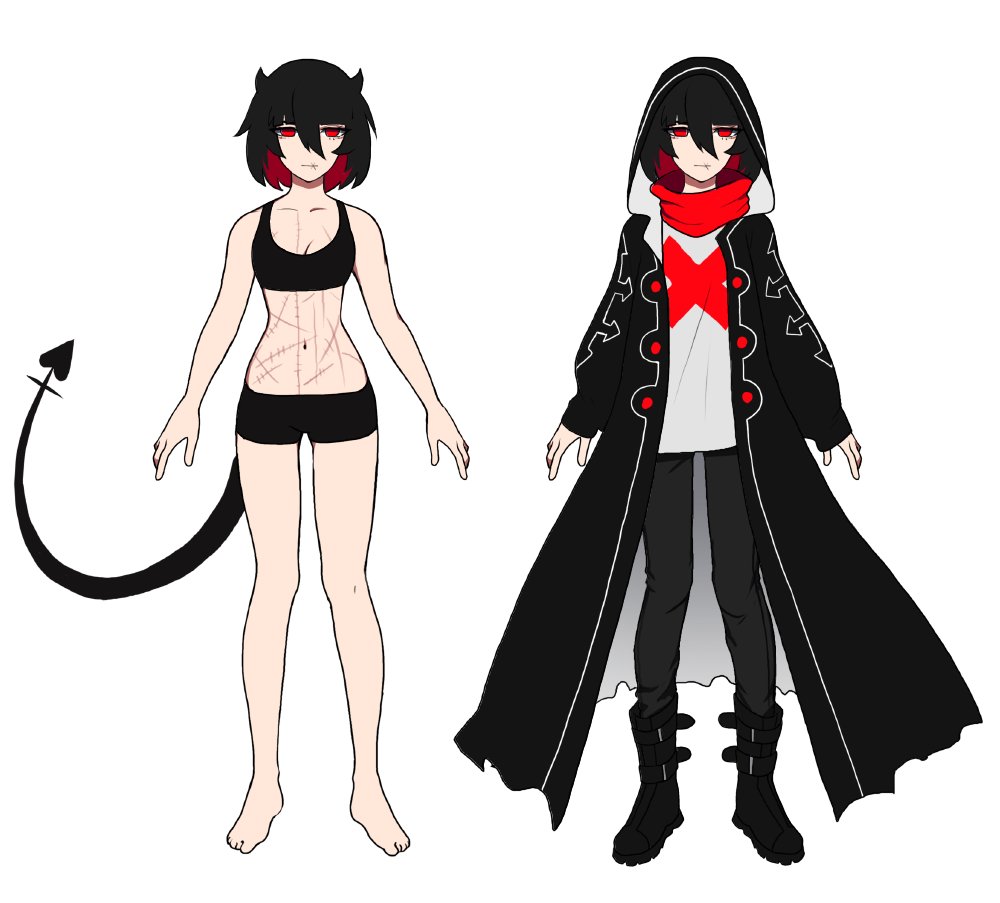 Simplification of character design- I rely on the shape of Scarlet's cape to identify her rather than piling knick-knacks on her body. With Satan, I use his wings. With brook, his stupid rabbid headband