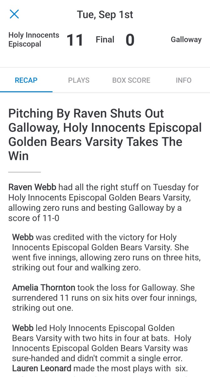 Raven Webb (The Pitcher) (@webbpitcher) on Twitter photo Today my team and I got better, would have been more hits but my outfield and infield made some fantastic plays backing me up. Together we got the shutout! <a href="/HIESAthletics/">HIES Athletics</a>
<a href="/HIESbears/">Holy Innocents'</a> ----->GoBears
athletics.hies.org/news/2020/9/1/… Today my team and I got better, would have been more hits but my outfield and infield made some fantastic plays backing me up. Together we got the shutout! <a href="/HIESAthletics/">HIES Athletics</a>
<a href="/HIESbears/">Holy Innocents'</a> ----->GoBears
athletics.hies.org/news/2020/9/1/…
