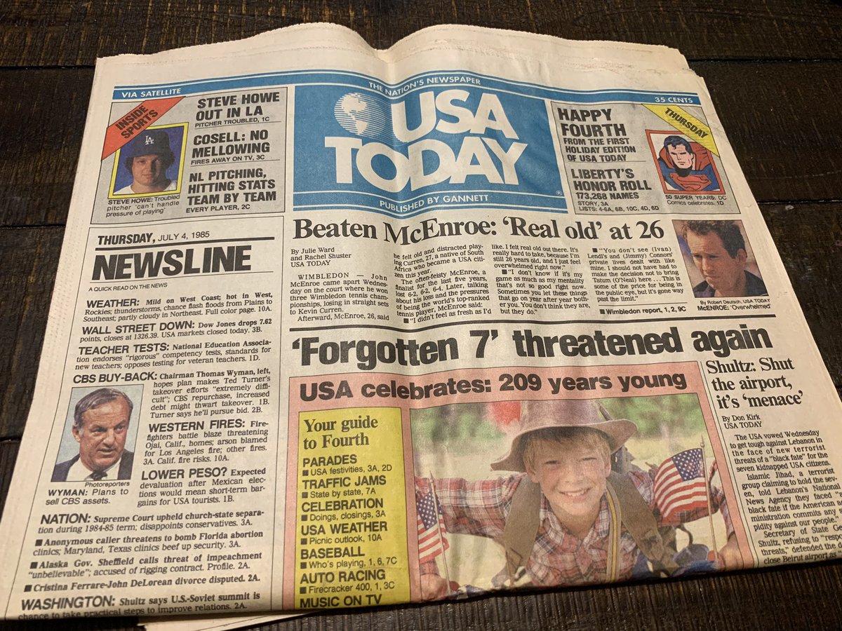 Wow, a complete  @USATODAY from July 4, 1985. I may spend a couple tweets on this because there is some interesting stuff in here. I love how “Everybody in Mill City Loves Parade” is a genuine cover story for a national paper.  #GrandpaTimeCapsule