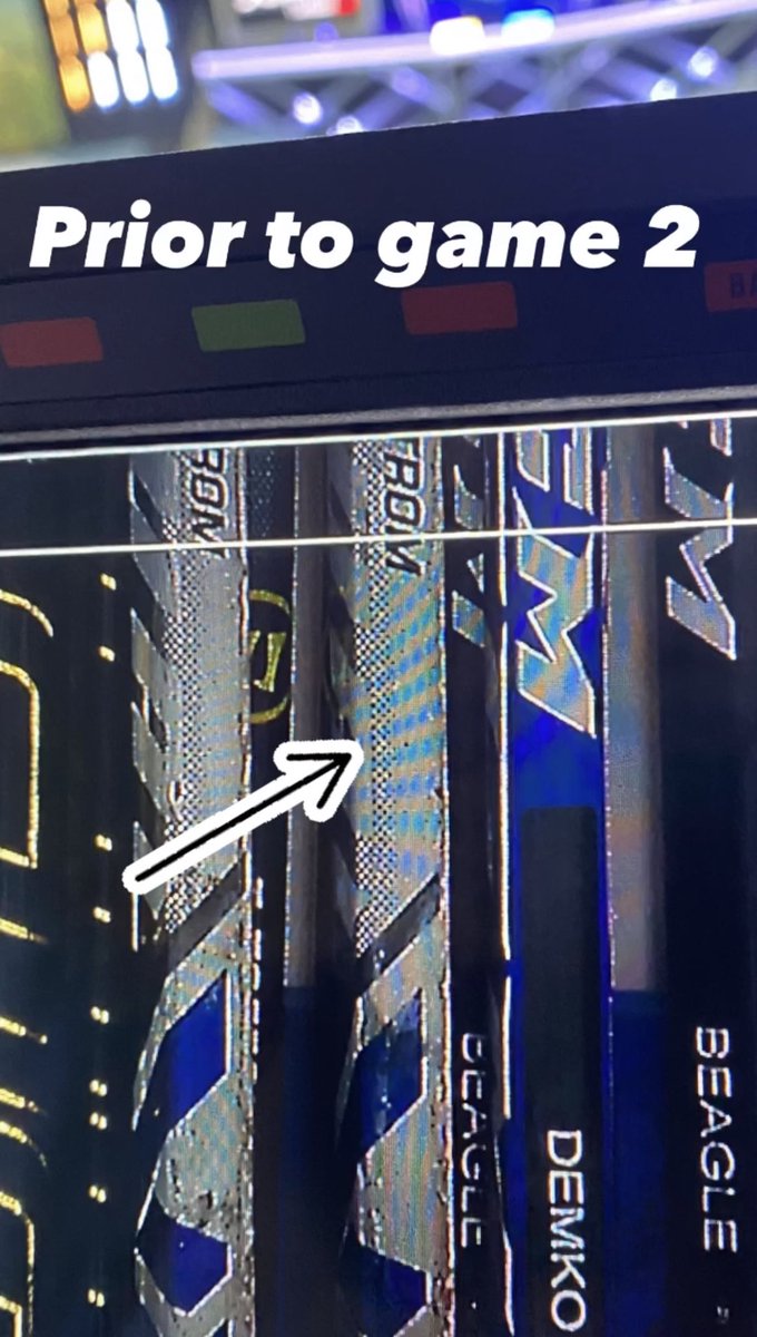 StatGuyRy's tweet photo. Alright, it’s that time. #StickGate. And it’s getting serious. Photo 1 is Markstrom’s stick prior to game 2 when we noticed Toffoli’s hiding behind it (note Warrior white & blue) Photo 2 is from TODAY 6pm MT hidden by a towel. Thread 👇
#GoCanucksGo @FriedgeHNIC @ThomasDrance https://t.co/17lI8zKJmt